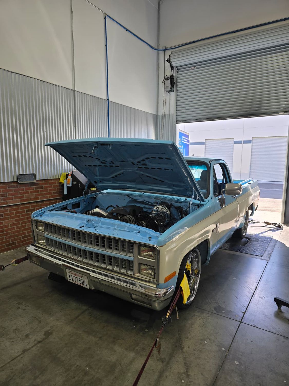 LS-swapped 1982 Chevrolet Cheyenne strapped down on the dyno at Tune Guru